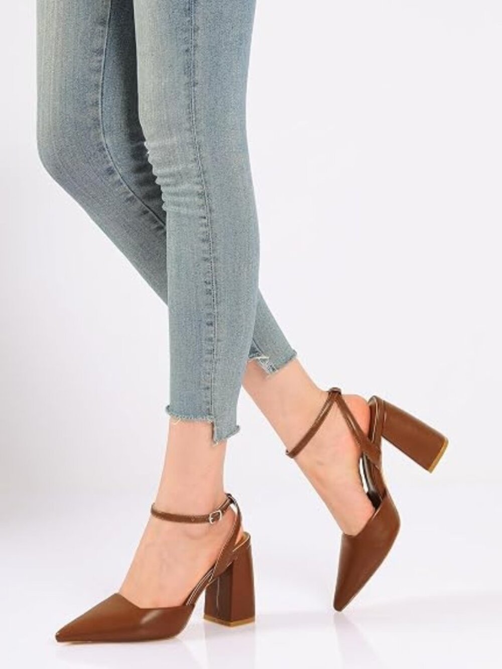 Block Heels for Women Closed Pointed Toe Heeled Slingback Chunky High Heel Ankle